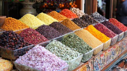 Colorful trays brim with spices and seasonings, showcasing the rich culinary heritage of the region. Marketgoers explore the fragrant offerings, savoring traditional flavors and aromas