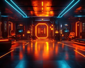A futuristic, neon-lit corridor featuring glowing orange and blue lights, evoking a sci-fi atmosphere in a sleek, modern setting.