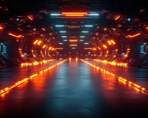 A futuristic corridor illuminated by vibrant orange lights, featuring sleek metallic surfaces and an advanced technological ambiance.