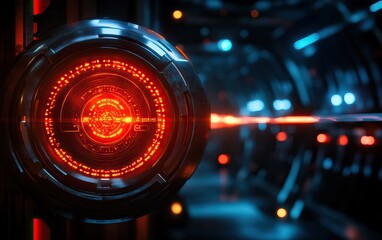 A futuristic circular device emits a bright red light in a dark, high-tech corridor, suggesting advanced technology or a sci-fi setting.
