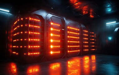 A futuristic room features glowing orange lights on sleek machines, creating a mysterious and high-tech atmosphere.