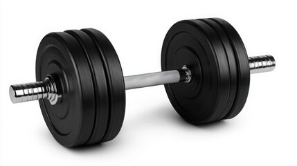Fototapeta premium Heavy black dumbbell with multiple weights on the barbell for fitness training and strength exercises on a minimalist white background
