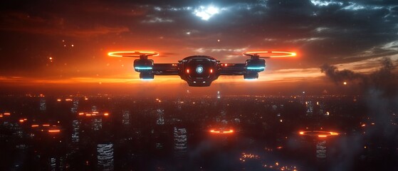A futuristic drone hovers over a vibrant cityscape, illuminated by fiery skies and glowing structures, evoking a sense of adventure and technology.