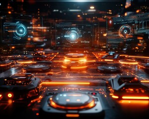 A futuristic control panel with glowing elements and a high-tech interface, featuring intricate details and vibrant orange accents.