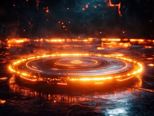 A glowing circular platform surrounded by an otherworldly atmosphere, illuminated by fiery orange lights against a dark backdrop.
