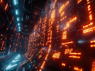 A futuristic, illuminated corridor featuring glowing orange and blue patterns, evoking a high-tech, digital environment.