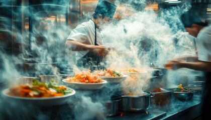 Chefs prepare a vibrant tomato dish in a bustling kitchen during a culinary competition at night