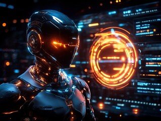 A futuristic robot with glowing features stands against a backdrop of digital screens displaying vibrant data visualizations.