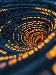 A swirling vortex of binary code, illuminated in orange and black, symbolizes digital data and technology.