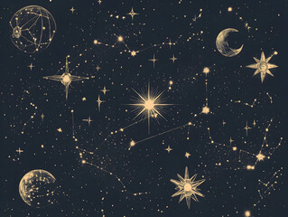 Vintage Celestial Map with Gold Stars, Constellations, and Planetary Symbols on a Dark Background  

