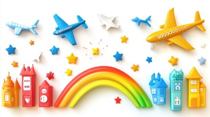 Obraz premium Colorful Toy Airplanes, Rainbow, and Building Blocks Creating a Playful Scene for Children