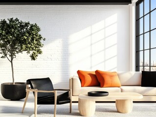 Modern Living Room Design Featuring Cozy Furniture, Stylish Textures, Natural Light, Inviting Urban Aesthetic