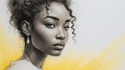 Elegant monochrome pencil sketch with soft shading: a serene young African American woman with textured hair and delicate curly bangs, gazing into the distance.