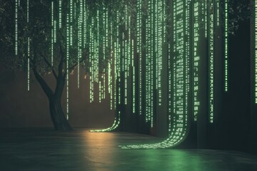 Cyber-themed Dark Server Room With Glowing Green Binary Codes Projected Over Sleek Server Racks