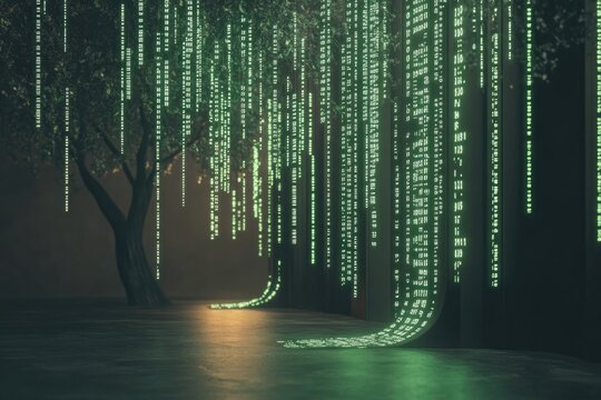 Cyber-themed Dark Server Room With Glowing Green Binary Codes Projected Over Sleek Server Racks - Powered by Adobe