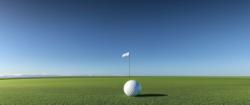 Golf Ball on Green Fairway with Flag Outdoor Golf Course Sports Photography Clear Sky Wide Angle Perspective