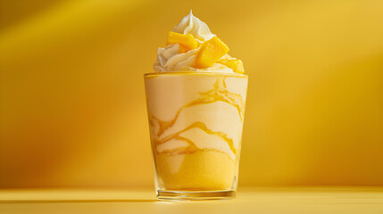 Refreshing yellow smoothie topped with whipped cream and diced fruit on a vibrant yellow background.
