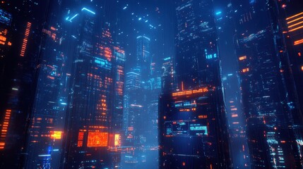 Obraz premium A cyberpunk metropolis with intense neon reflections on metallic buildings