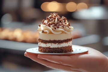 Delicious dessert served on a small plate held in hand at a cozy bakery setting during the afternoon