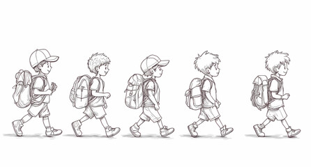 Lineup of  Schoolkids:  Five young school children with backpacks in a pencil drawing style, walking in a line, ready for the start of a new day of learning.