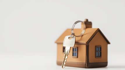 Home Key With Keychain and Miniature House Model on White Background