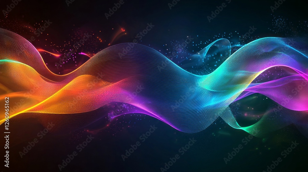 Poster Swirling waves of color dance across a dark backdrop, intertwining in a harmonious flow of vibrant hues that evoke a sense of energy and creativity
