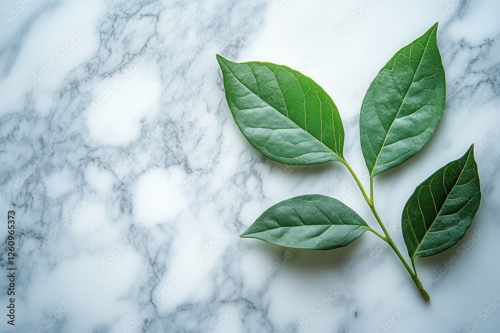 Aufkleber Fresh green leaves resting on a clean marble surface highlighting nature's simplicity and elegance in a serene indoor setting