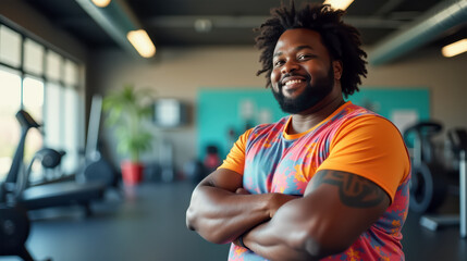 Portrait of an Plus size African American man with beard and afro hair, smiling confidently in a modern club sport. Smiling African American man with tattoo on crossed arm in modern gym.
