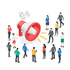 isometric vector loudspeaker and people around it, in color on white background, public announcement or business attraction