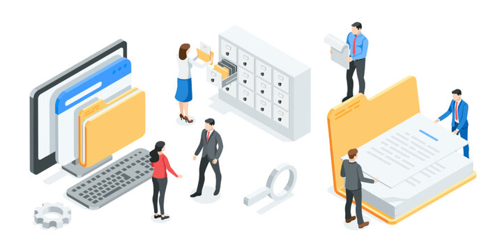 isometric vector business people with folders in archive, in color on white background, office work with archive