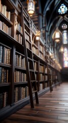 Grand library aisle, bookshelves, ladder, gothic architecture, research