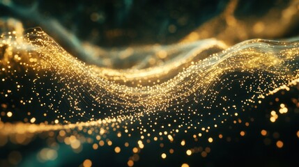 Golden particles flowing, dark background, abstract tech design