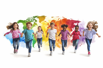 Fototapeta premium Rainbow Kids Running the World: A diverse group of happy children run joyfully against a vibrant, rainbow-colored watercolor world map background, symbolizing global unity and childhood dreams.