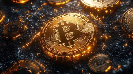 Fototapeta premium Modern crypto background with deep black shine and gold embossing