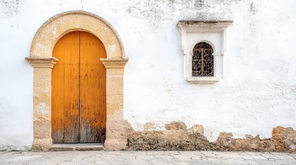 Historic Orange Door with Arched Frame beside Decorative Window on White Textured Wall