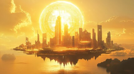 Naklejka premium Levitating financial platforms glowing under a rising Bitcoin sun