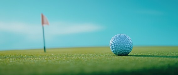 Obraz premium Golf Ball Near Flag on Lush Green Course Outdoor Sports Event Calm Day Close-Up View Focus on Precision