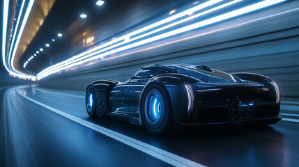Fototapeta premium Futuristic automobile dashing through illuminated tunnel, technology background,illustration