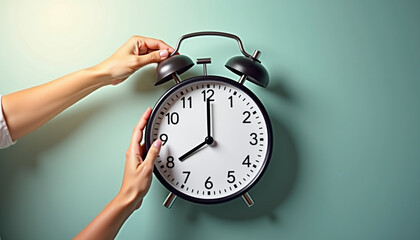 Person adjusting the alarm clock hands to set the time, demonstrating a morning routine