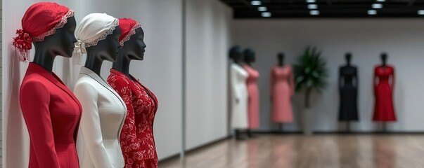 Fashion mannequins display elegant dresses in a modern setting.