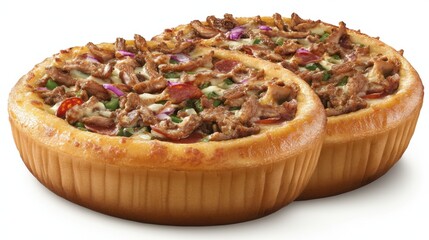 Two Golden Brown Savory Pizzas Topped With Meat And Fresh Vegetables On A White Background