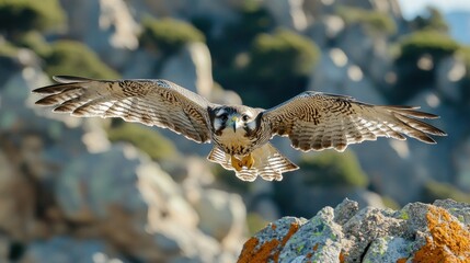 Obraz premium Falcon in flight over rocky outcrop, blurred background