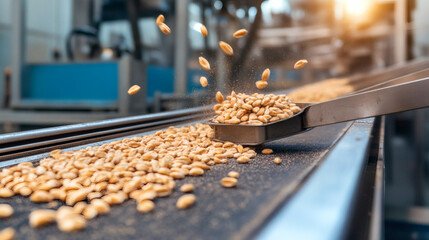 Peanuts flow from a scoop onto a conveyor belt showcasing the efficiency of food processing in an industrial setting.