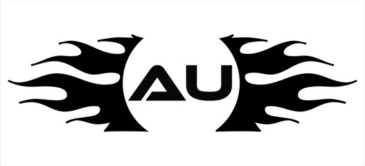 Futuristic abstract Logo with Fiery Flame Motif and Geometric 'AU' Emblem, Black and White Artwork