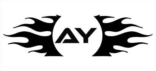 Futuristic abstract Logo with Fiery Flame Motif and Geometric 'AY' Emblem, Black and White Artwork