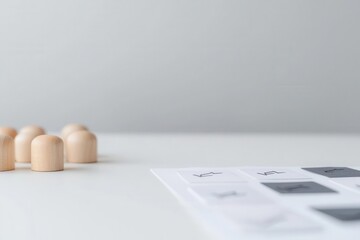Minimalistic workspace featuring wooden figures and design sheets.