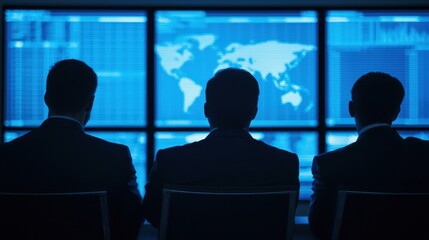Three silhouetted figures observe data on a blue-screened wall, suggesting a focus on analysis, strategy, or monitoring in a high-tech environment.