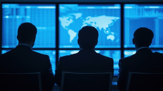 Three silhouetted figures observe data on a blue-screened wall, suggesting a focus on analysis, strategy, or monitoring in a high-tech environment.