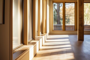 Warm, sunlit interior showcasing modern wooden accents and large windows ideal for home ventilation system planning and design. Concept emphasizes home ventilation system planning