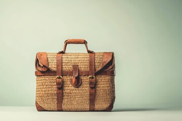 Stylish woven bag with leather accents rests elegantly on a soft background creating a modern vintage aesthetic
